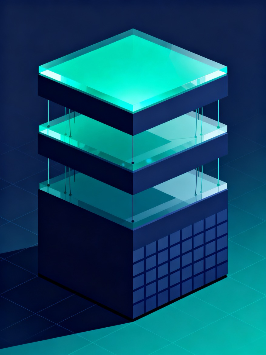 Editorial illustration of stacked foundation layers supporting a glowing teal AI platform